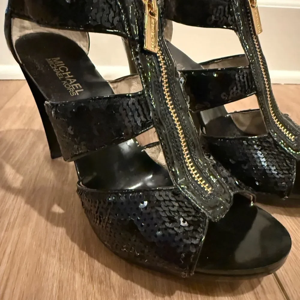 Michael Kors Black Sequence Heels with gold zipper